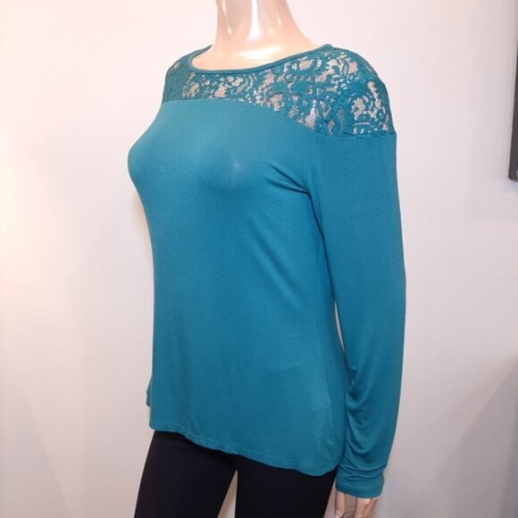 3/$20 Laundry By Shelli Segal Lace Long Sleeve Top Teal Green Rayon Blouse - Picture 4 of 12